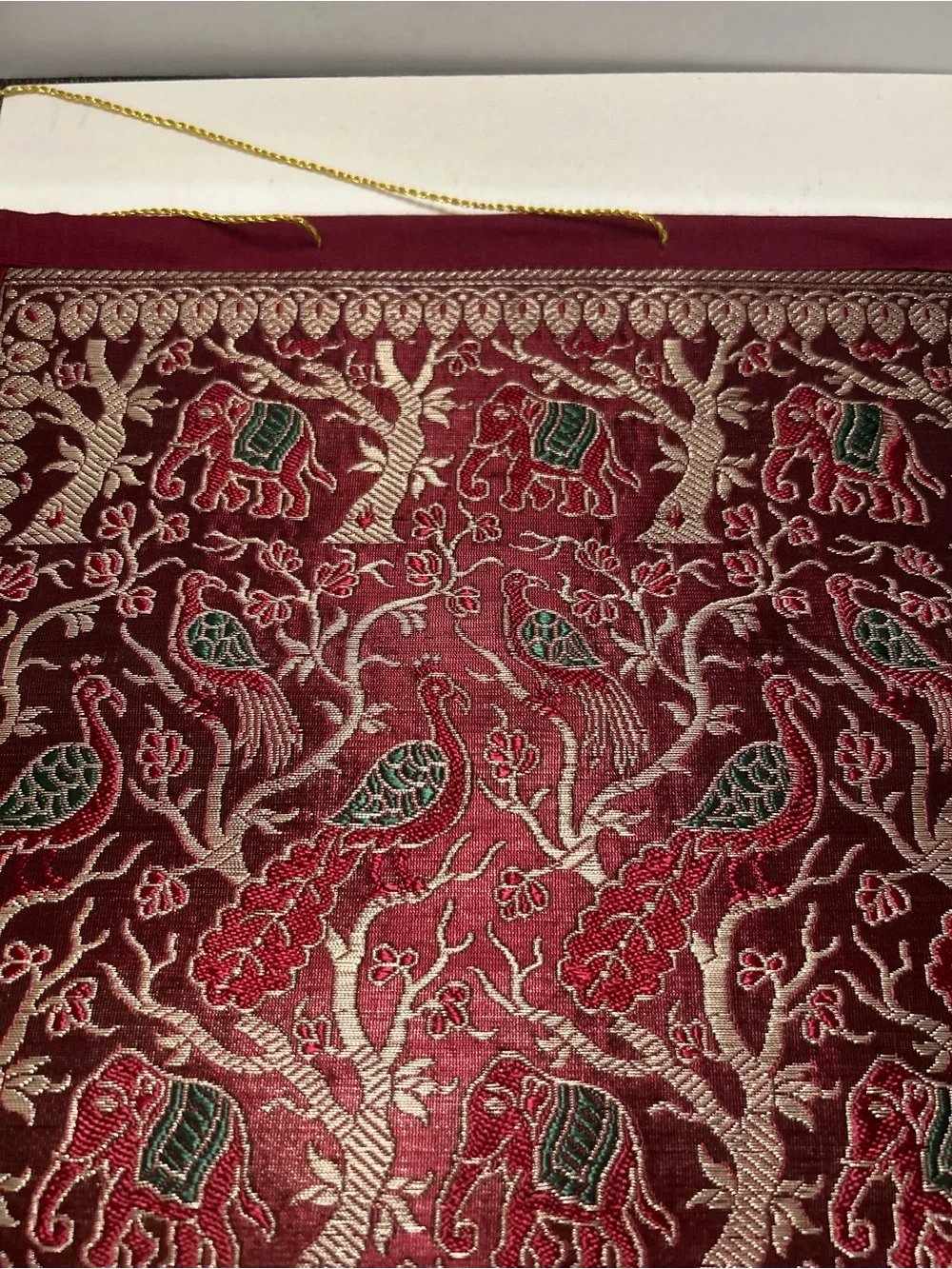 Embroidered Tapestry Wall Hanging with Elephants & Peacocks Gold, Red, Green